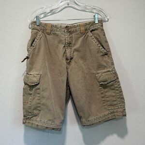 Y2K OTB Mens Cargo Canvas Shorts 29" Tan 10" Inseam Outdoor Fisherman Zip Pocket